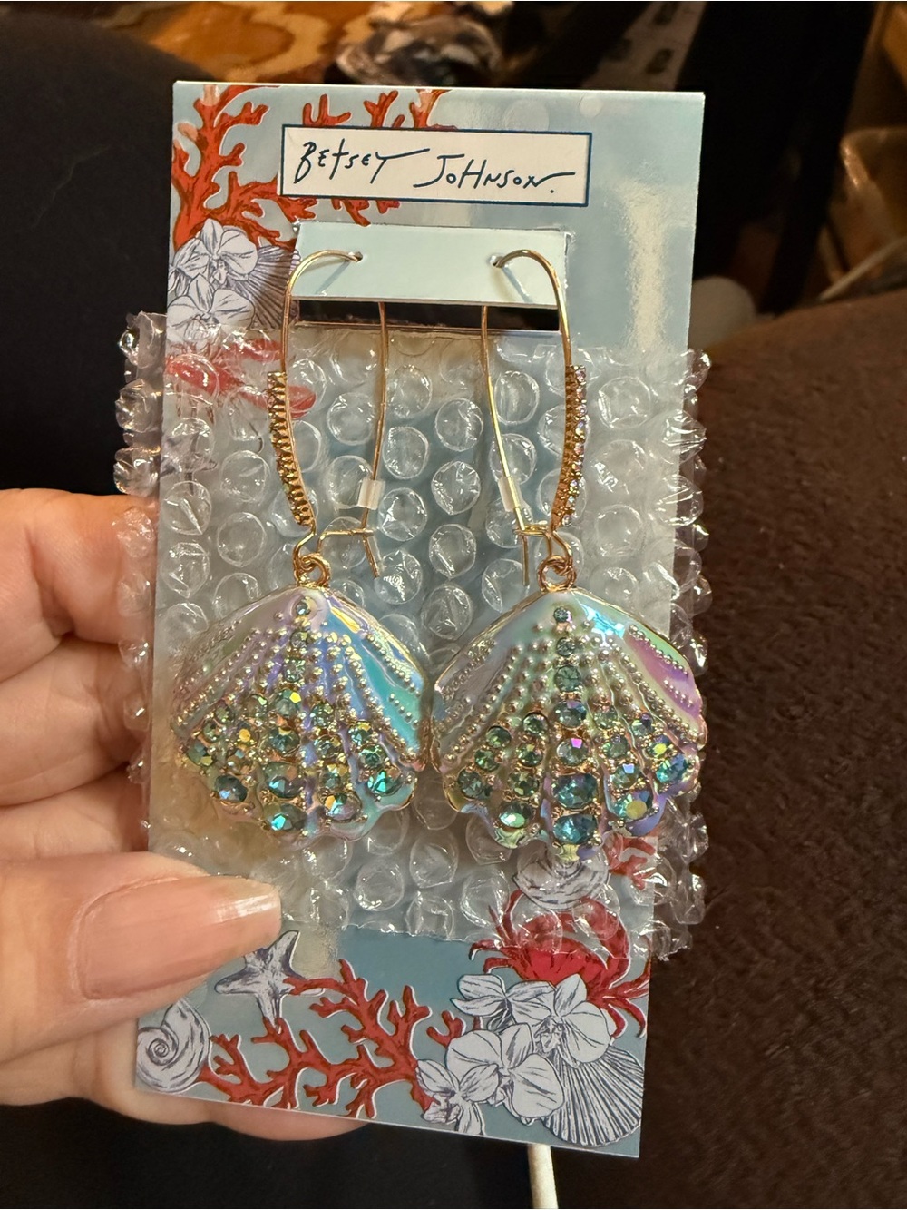 Betsey Johnson Iridescent Shell Crystal Drop Earrings And necklace